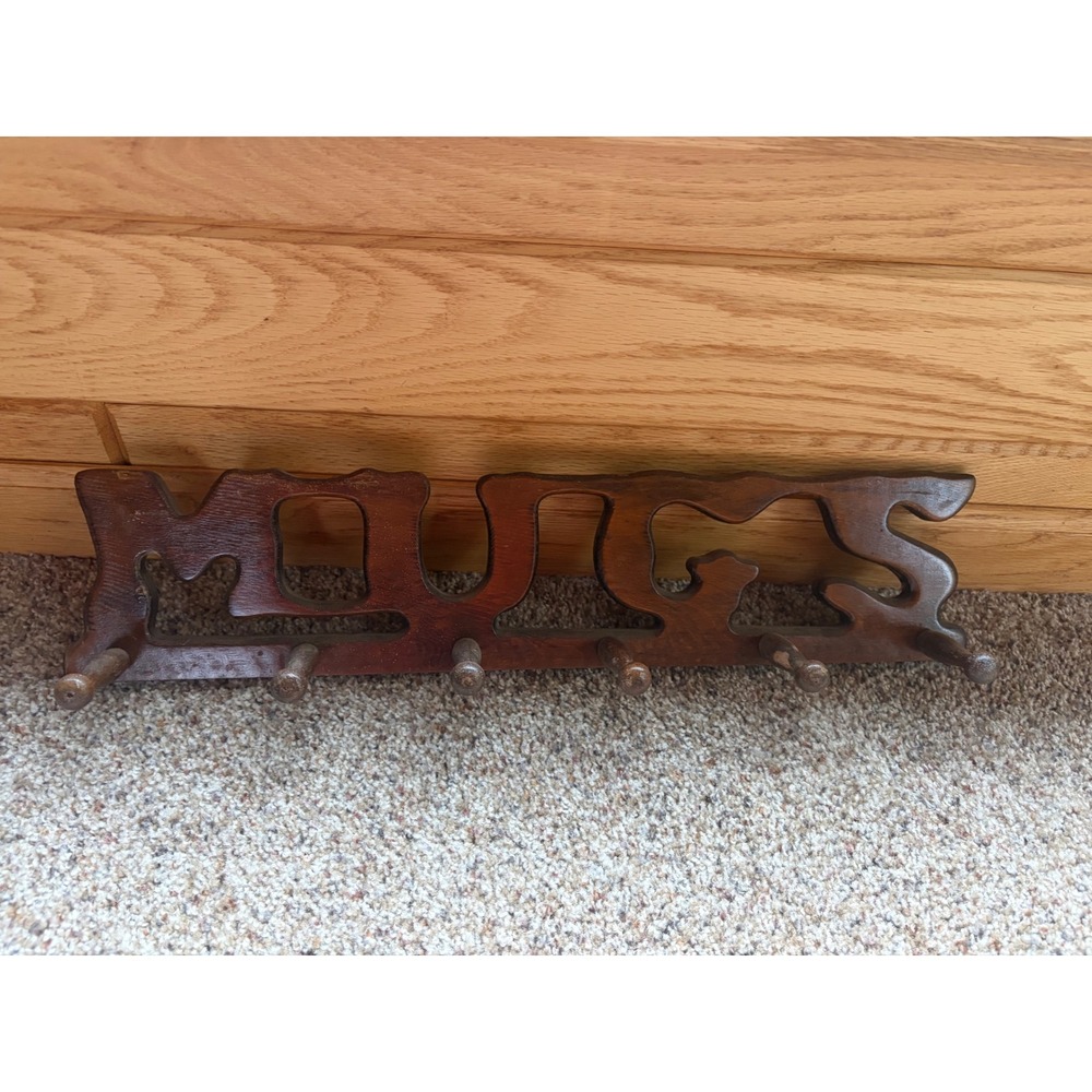 Vintage Wooden MUGS Wall Hanging Rack 6 Peg Coffee Cup Holder Rustic Brown